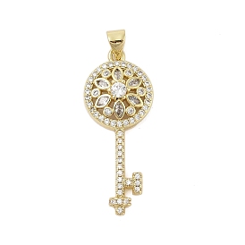 Skeleton Key Rack Plating Brass Micro Pave Cubic Zirconia Pendants, Long-Lasting Plated, Lead Free & Cadmium Free