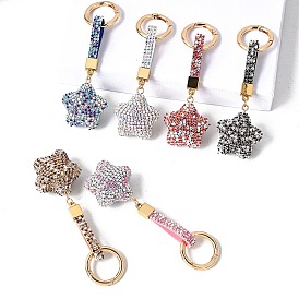 PU Leather & Rhinestone Keychain, with Alloy Spring Gate Rings, Star