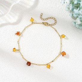 Natural Amber Chip Tassel Brass Bar Link Chain Anklets for Women