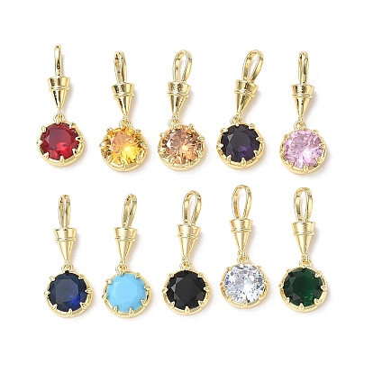 Brass Pave Cubic Zirconia Pendants, Single Stone Charms, Flat Round Charms, Long-Lasting Plated, Rack Plating, Lead Free & Cadmium Free, Real 18K Gold Plated