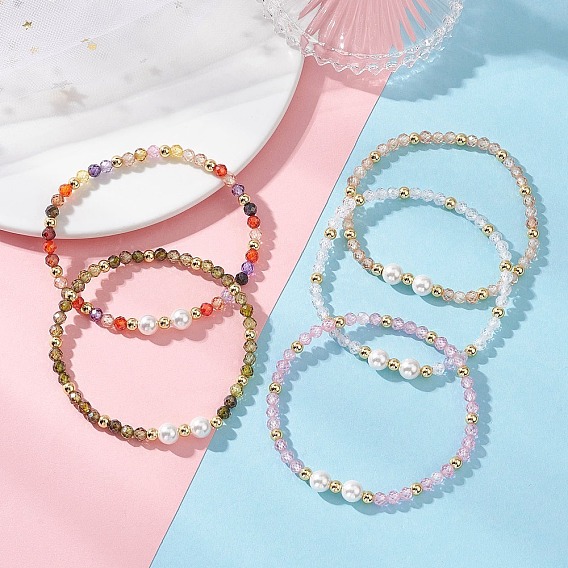 Эластичные браслеты из круглых бусин с кубическим цирконием и перламутровыми жемчужинами для женщин.