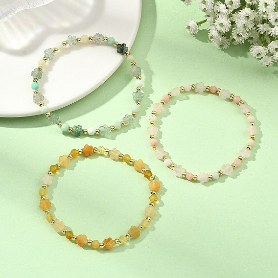 Natural Pink Opal/Natural Green Opal/Natural Green Strawberry Quartz/Natural Yellow Opal/Natural Rose Quartz/Natural Yellow Aventurine & Brass Beads Stretch Bracelets for Women, Plum Blossom