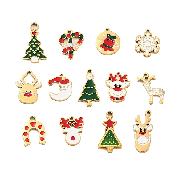 Ионное покрытие (ip) 304 подвески из нержавеющей стали, эмалевые подвески на рождественскую тематику, золотые, рождественская елка/олень/колокольчик/снежинка