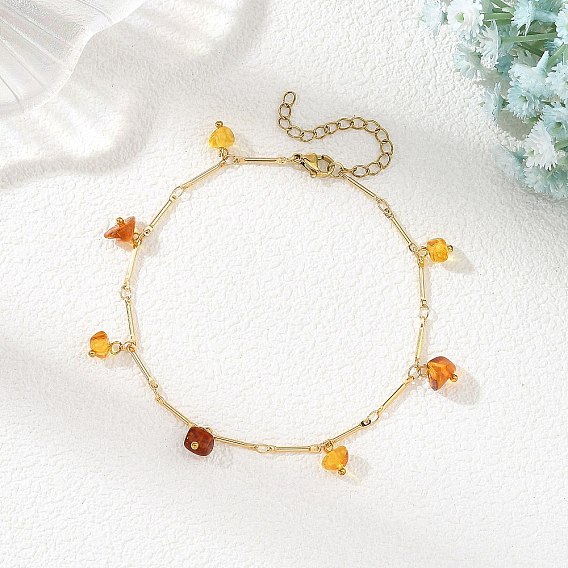 Natural Amber Chip Tassel Brass Bar Link Chain Anklets for Women