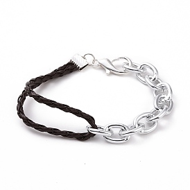 Fashion Braided Bracelets, with PU Leather Cord, Aluminium Chains and Alloy Lobster Claw Clasps, 195mm