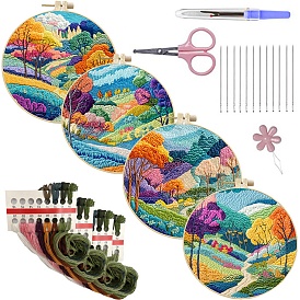 DIY Landscape Pattern Embroidery Kits for Beginners, Including Printed Cotton Fabric, Embroidery Thread & Needles, Embroidery Hoop