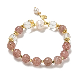 Round Natural Strawberry Quartz & Quartz Crystal Beaded Stretch Bracelets, Natural Pearl Bracelets for Women