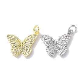 Rack Plating Brass Micro Pave Clear Cubic Zirconia Pendants, Long-Lasting Plated, Lead Free & Cadmium Free, Butterfly