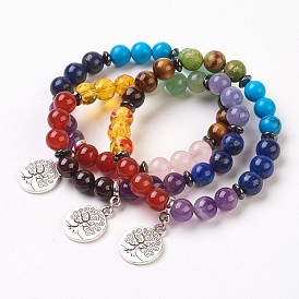 Chakra bijoux, bracelets breloques perles de pierres naturelles et synthétiques, avec les accessoires en alliage, rond et plat avec un arbre