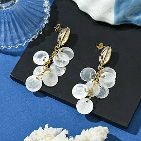 Латунь серьги, с круглыми подвесками из ракушек-капис