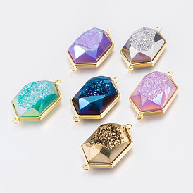 Galvanisch beschichtete natürliche Quarzkristallverbindungsverbinder, mit Messing-Befund, Hexagon, facettiert, golden