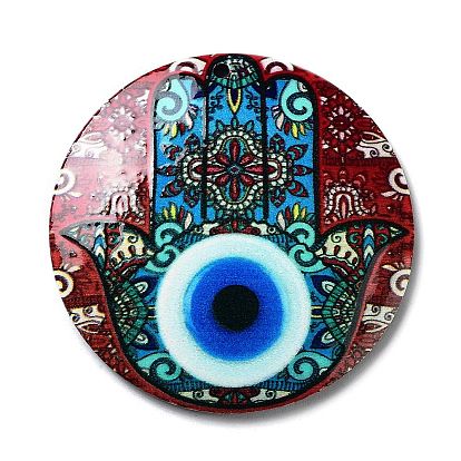 Opaque Acrylic Pendants, Flat Round with Hamsa Hand & Evil Eye