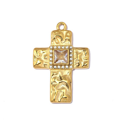 304 подвески из нержавеющей стали, крест с квадратными подвесками, зеркальная полировка, ионное покрытие (ip), с четким кубического циркония