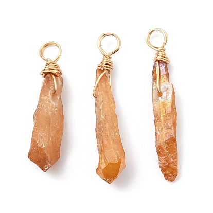 Electroplated Raw Rough Natural Quartz Crystal Copper Wire Wrapped Pendants, Copper Plated Teardrop Charms