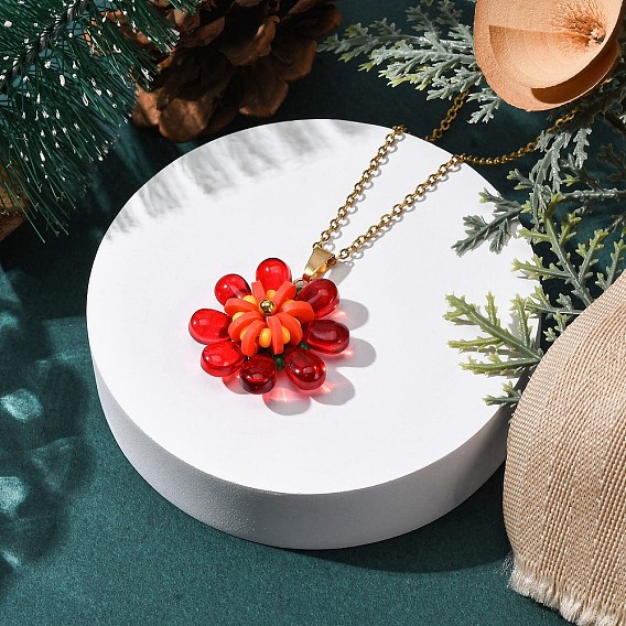 Подвеска-цветок из стекла, полимерной глины ручной работы и стеклянных бус 304 ожерелья из нержавеющей стали с цепочкой-кабелем, золотые