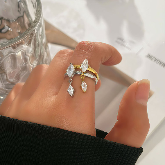 304 Кольца из нержавеющей стали и кубического циркония, лошадиный глаз 