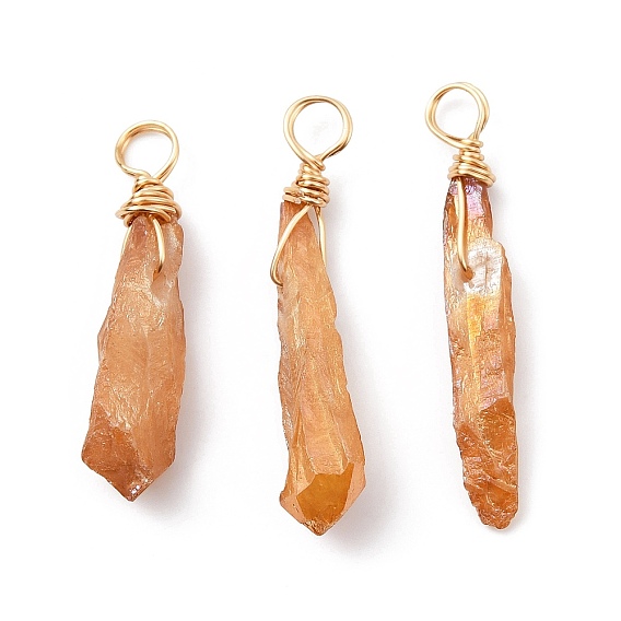 Electroplated Raw Rough Natural Quartz Crystal Copper Wire Wrapped Pendants, Copper Plated Teardrop Charms