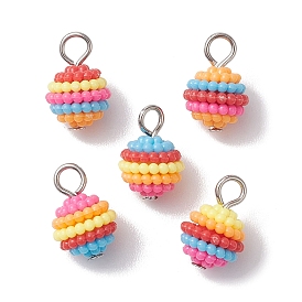 Rainbow Color Resin Waxberry Round Charms with Platinum Tone Iron Loops