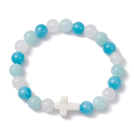 Natural Mashan Jade & White Jade Beaded Stretch Bracelets, Cross