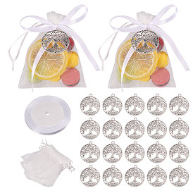 70 шт. Подвески из сплава в тибетском стиле, без свинца и без кадмия, плоские круглые с дерева жизни, с 1рулоном и 70шт. подарочных пакетов из органзы