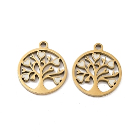 Ion Plating(IP) 316 Surgical Stainless Steel Pendants, Nickel Free, with Enamel, Flat Round with Tree of Life Charm, Real 18K Gold Plated