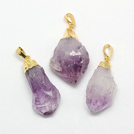Natural Raw Rough Gemstone Amethyst Pendants, with Golden Plated Brass Findings, Irregular Nuggets, 20~38x13~22x12~27mm, Hole: 8x4mm