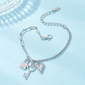 Браслеты с подвесками из сплава, 304 цепочки-скрепки и роллы из нержавеющей стали для женщин, замок, ключ и сердце