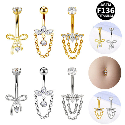 Кольца для пирсинга живота в виде изогнутой штанги из титанового сплава с прозрачным кубическим цирконием, золотой / нержавеющая сталь цвета
