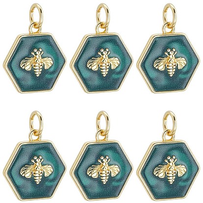 6подвески из латуни с эмалью, с целью перехода в кольце, без кадмия и без свинца, долговечный, стойки покрытие, подвески шестиугольник с пчелиным узором