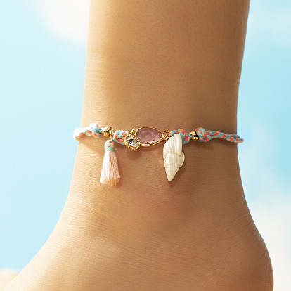 Браслеты на ногу из плетеного хлопкового шнура с подвесками в виде капли из богемского сплава и натуральных ракушек для женщин, голубой