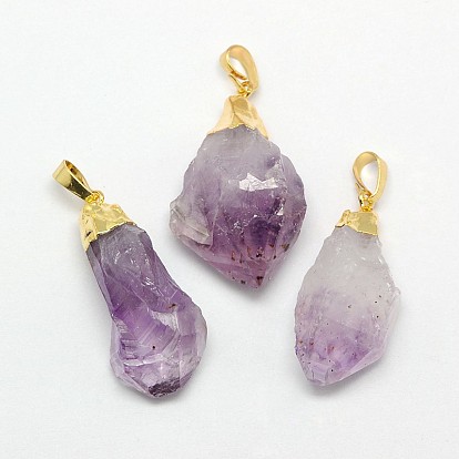 Natural Raw Rough Gemstone Amethyst Pendants, with Golden Plated Brass Findings, Irregular Nuggets, 20~38x13~22x12~27mm, Hole: 8x4mm