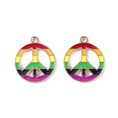 Rainbow Color Pride Alloy Enamel Pendants, Peace Sign Charms, Light Gold