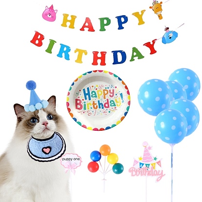 Pet Cat and Dog Birthday Bib Hat, Word Happy Birthday Shot Background Pull Flag, Balloon Cake Insert Utensils Decoration Party Set