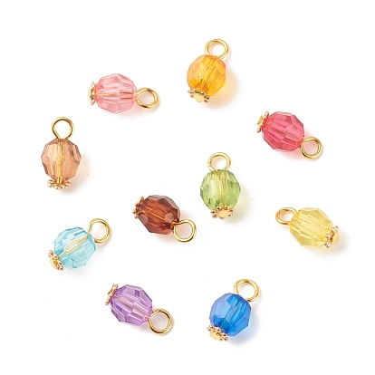 Faceted Transparent Acrylic Charms, with Golden Tone Iron Findings, Round