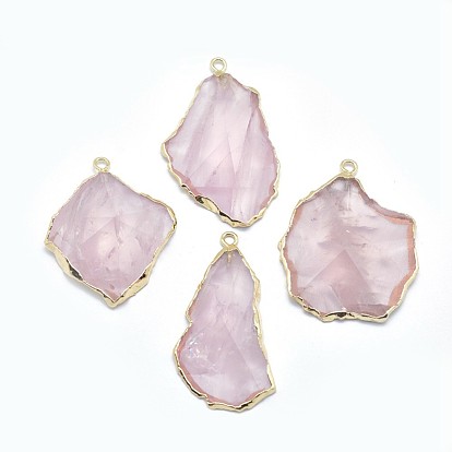 Natural Madagascar Rose Quartz Pendants, with Golden Tone Brass Findings, Faceted, Nuggets