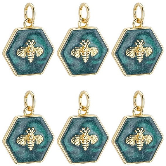 6подвески из латуни с эмалью, с целью перехода в кольце, без кадмия и без свинца, долговечный, стойки покрытие, подвески шестиугольник с пчелиным узором