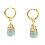 Brass Huggie Hoop Earrings, with Wire Wrapped Faceted Natural Gemstone Pendants, Teardrop, Golden