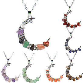 Natural Mixed Gemstone Chips Crescent Moon Pendant Necklace, with Alloy Chains