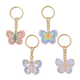 4Pcs 4 Styles Iron Keychains, with Acrylic Pendants, Butterfly