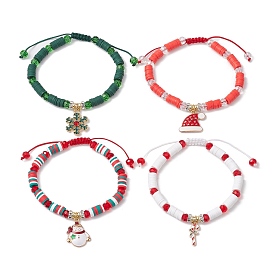 4Pcs Adjustable Handmade Polymer Clay Heishi Braided Beads Bracelet Sets, Christmas Theme Alloy Enamel Charm Bracelets