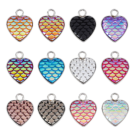 Opaque 304 Stainless Steel Pendants, with Resin, Heart with Fish Scale Shape