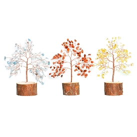 Natural Gemstone Chips Tree of Life Decorations, Column Wood Base with Copper Wire Feng Shui Energy Stone Gift for Home Office Desktop Decoration