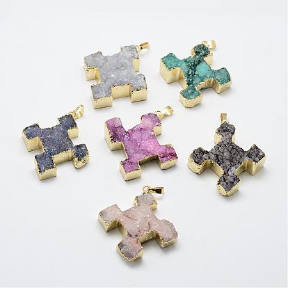 Electroplated Natural Druzy Quartz Crystal Pendants, with Golden Plated Brass Findings, Puzzle, Big Pendants