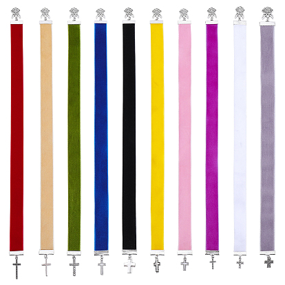 10Pcs Velvet Bookmark, with Alloy Cross Pendants, Antique Silver