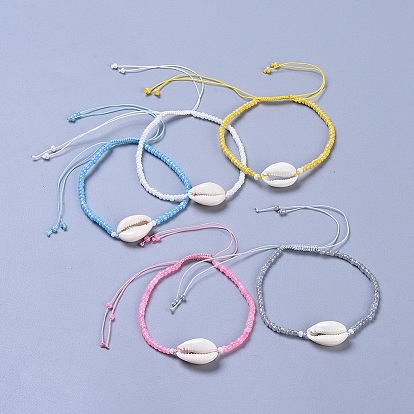 Регулируемые стеклянные браслеты из бисера, с бусинами из каури и плетеной нейлоновой нить