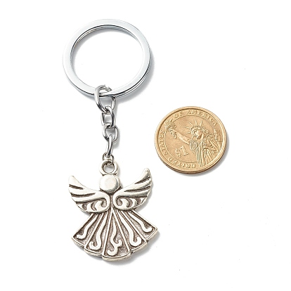 Tibetan Style Alloy Keychains, with Alloy Split Key Rings and Iron Open Jump Rings, Angel