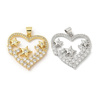 Rack Plating Brass Micro Pave Cubic Zirconia Pendants, Long-Lasting Plated, Lead Free & Cadmium Free, Heart with Star Charms