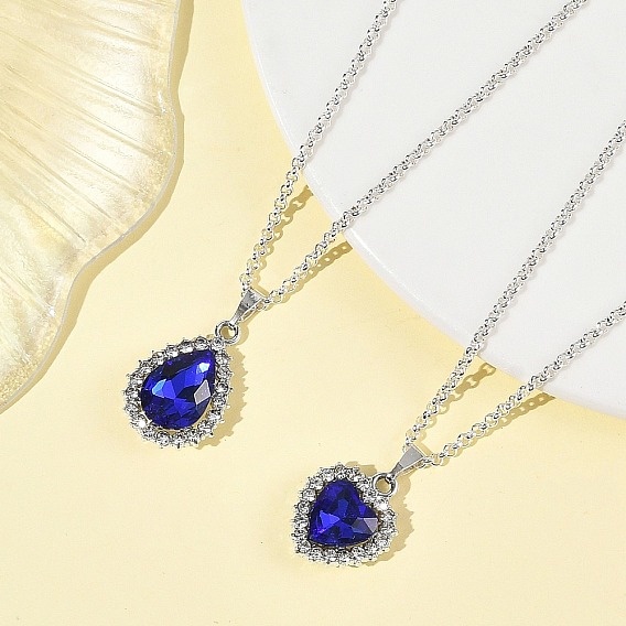 2Pcs 2 Styles Alloy Glass Teardrop Heart Pendant 304 Stainless Steel Rolo Chain Necklaces for Women, Silver Color Plated