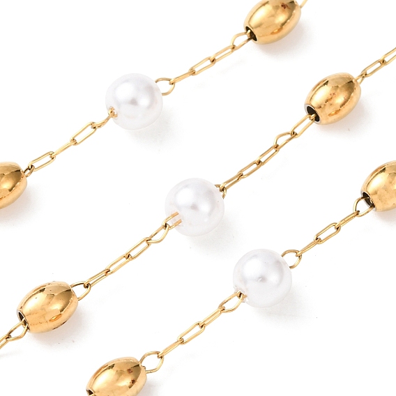 304 Цепи из нержавеющей стали с круглыми бусинами и жемчужинами из АБС-пластика, ионное покрытие (ip), пайки, с катушкой