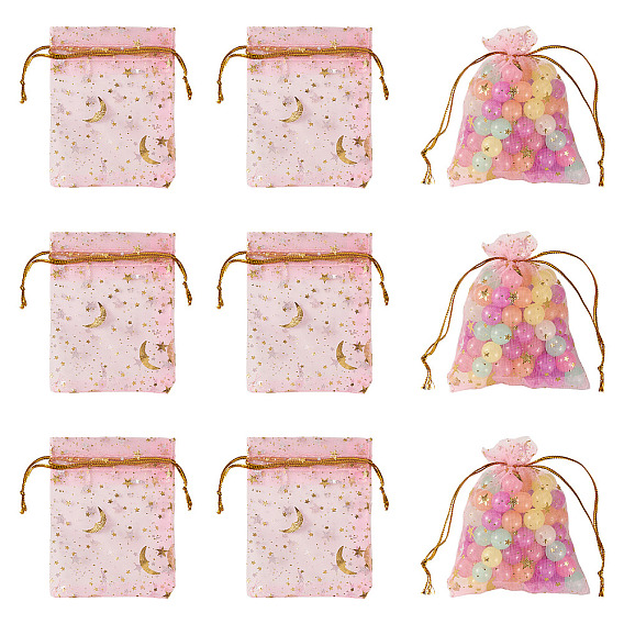 30 pièces de sacs cadeaux en organza à cordon, ornés de motifs lune et étoile dorés, sacs de rangement rectangulaires